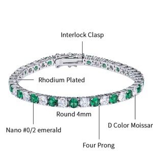 Rhodium Plated Emerald and Moissanite Bracelet